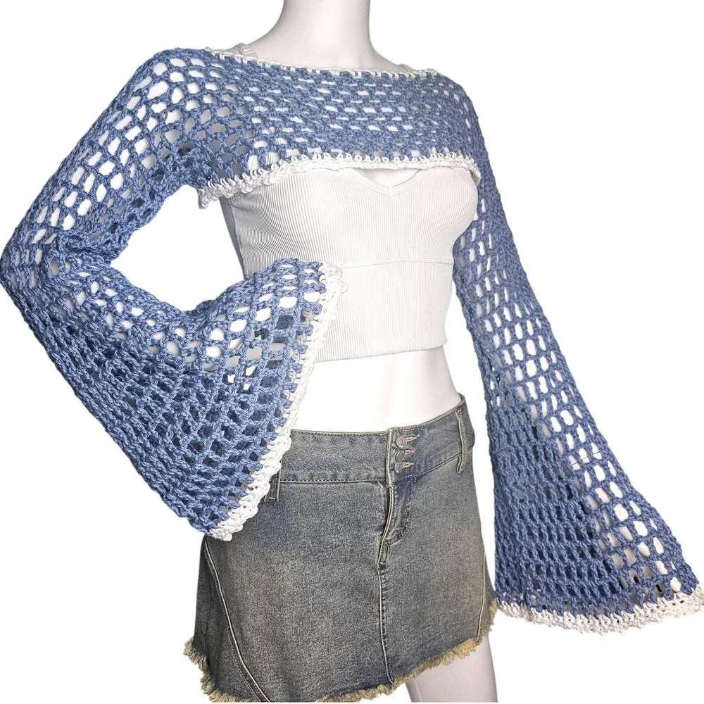 Handmade‎ Crochet Fairycore Shrug | Women | Blue | SM-MED | Boho | Bell Sleeve